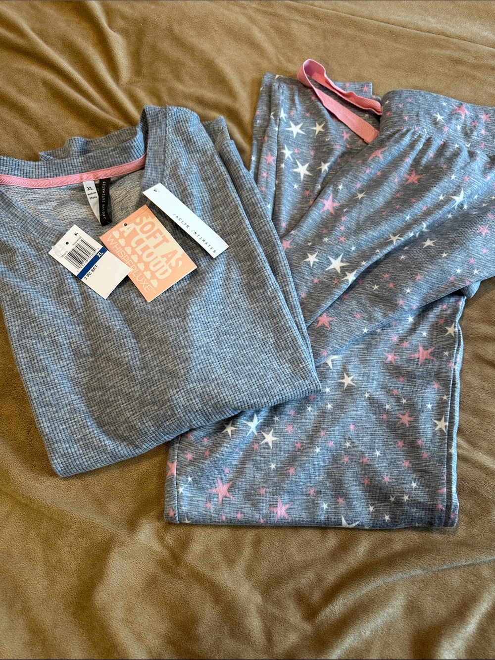 Women's Gray Star-Print Pajama Set with Pink Trim